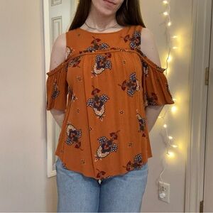 Orange Floral Cold Shoulder Blouse